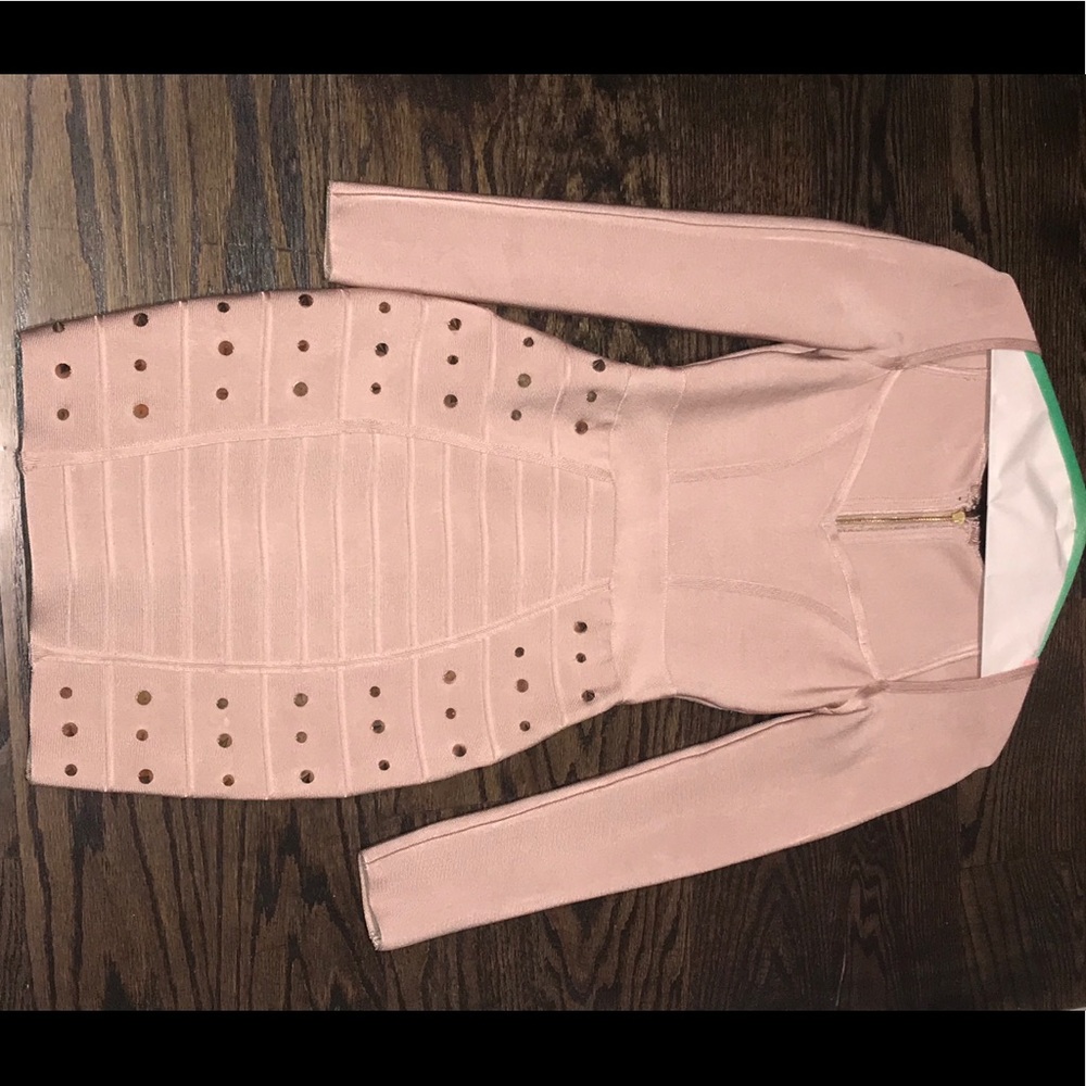 Nude long sleeve studded bandage dress